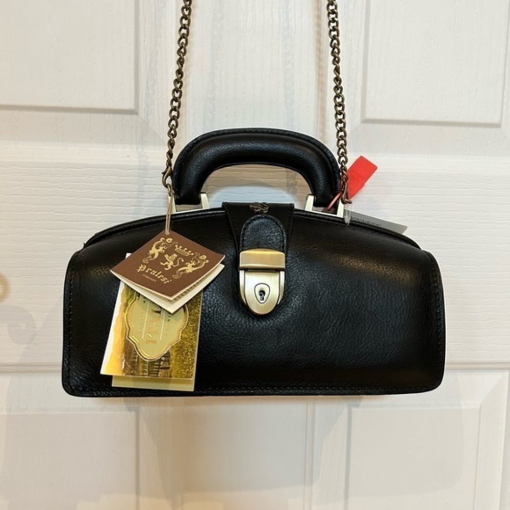 NWT PRATESI FIRENZE Doctor Style Black Leather Handbag with Chain Strap